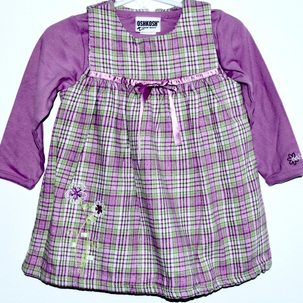 Oshkosh Purple and Lime Green Plaid 2 Piece Dress/Jumper - 18 Months